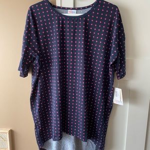 LuLaRoe Medium Navy Blue & Pink Polka Dot Irma Tunic